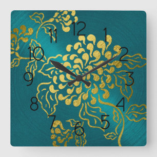 Elegant Teal Blue Metal Sheen Gold Chrysanthemum Square Wall Clock