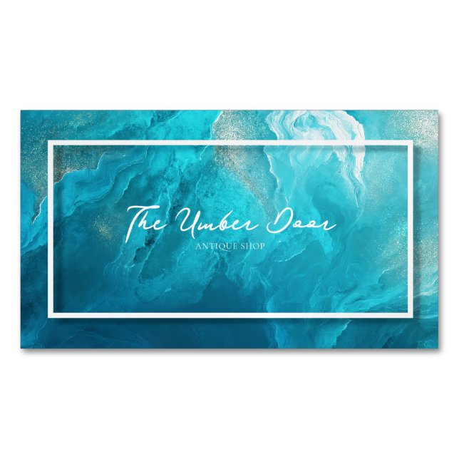 Elegant Teal Blue Ocean Wave Fluid Art Gold Magnetic Business Card (Front)