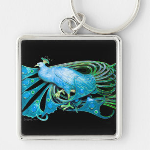 ELEGANT TEAL BLUE PEACOCK IN BLACK KEYCHAIN