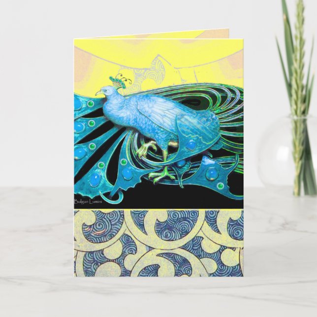 ELEGANT TEAL BLUE PEACOCK WITH GEOMETRIC SWIRLS HOLIDAY CARD (Front)
