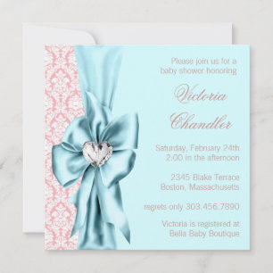 Elegant Teal Blue Pink Damask Baby Girl Shower Invitation