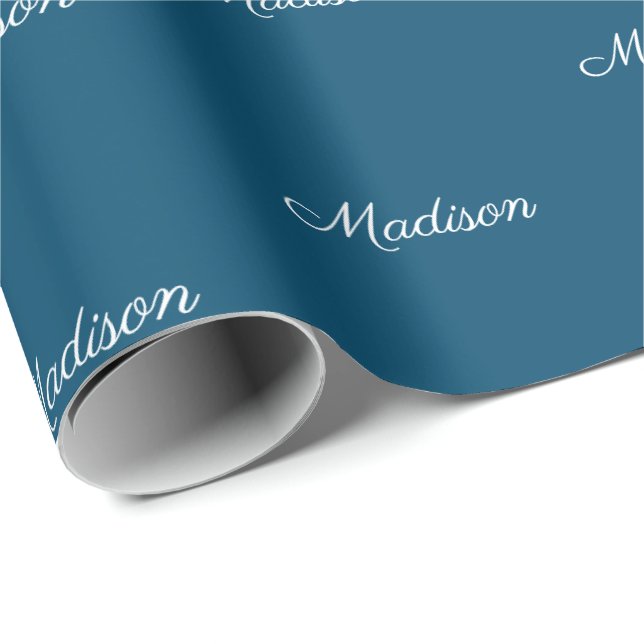 Elegant teal blue script custom name birthday wrapping paper (Roll Corner)
