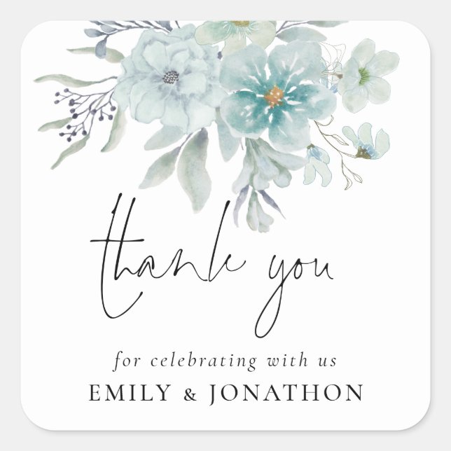 Elegant Teal Blue Sea Mist Floral Thank You  Square Sticker (Front)