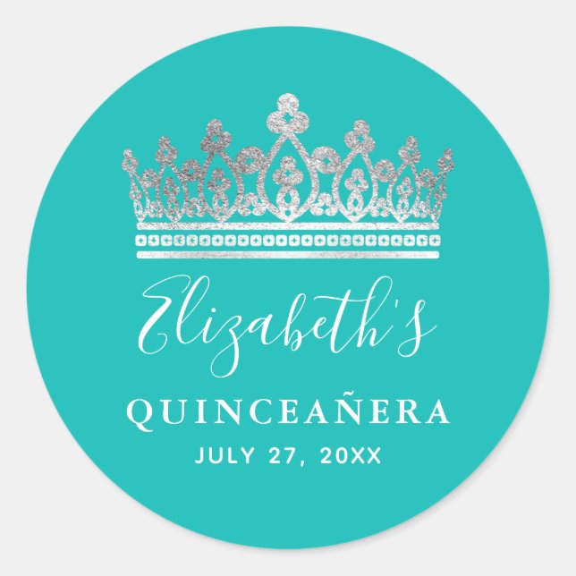 Elegant Teal Blue Silver Crown Quinceanera Name Classic Round Sticker (Front)