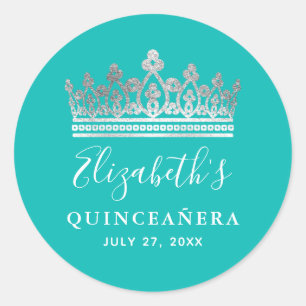 Elegant Teal Blue Silver Crown Quinceanera Name Classic Round Sticker