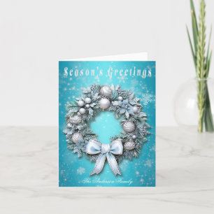Elegant Teal Blue & Silver Wreath Christmas  Holiday Card