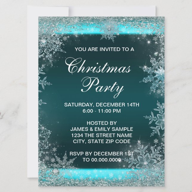 Elegant Teal Blue Snowflake Christmas Party Invitation (Front)
