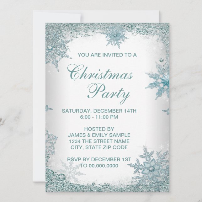 Elegant Teal Blue Snowflake Christmas Party Invitation (Front)