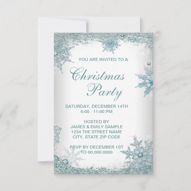 Elegant Teal Blue Snowflake Christmas Party RSVP Invitation (Front)