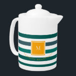 Elegant Teal Blues White Striped Monogram B & B<br><div class="desc">Elegant Teal Blues and White Striped Monogram Bed & Breakfast teapot. Are you running a small Bed & Breakfast place or thinking about it? This elegant, classic striped design in various teal blues and white with orange accents will help you brand your venture with bright and cheerful colours. Add your...</div>