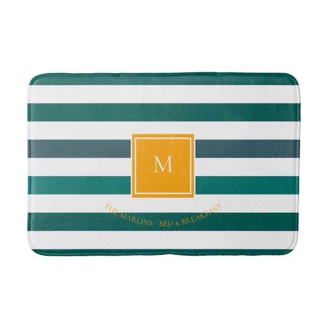Elegant Teal Blues White Striped Monogram B & B Bath Mat (Front)