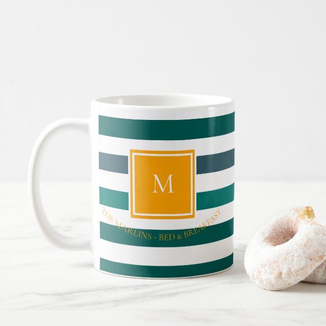 Elegant Teal Blues White Striped Monogram B & B Co Coffee Mug (With Donut)