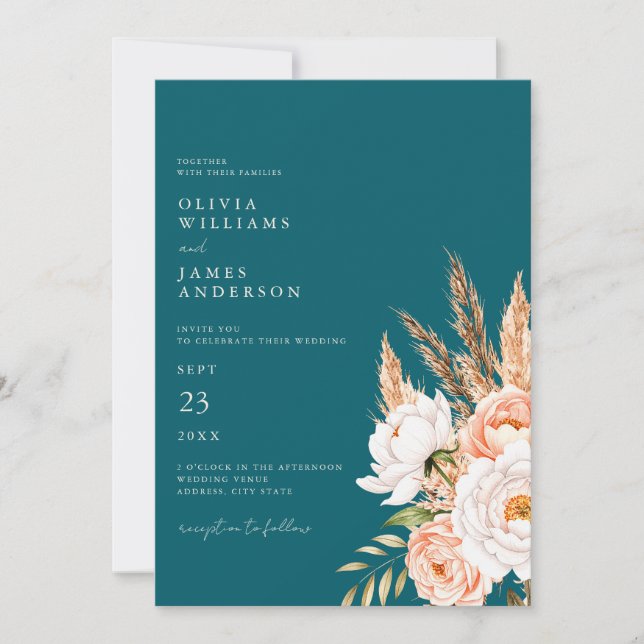 Elegant Teal Boho Chic Fall Floral Wedding  Invitation (Front)