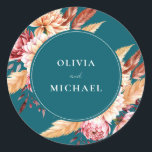 Elegant Teal Boho Chic Floral Wedding Classic Round Sticker<br><div class="desc">Create your own personalized wedding stickers featuring elegant floral design. Add your names in minimalist chic typography and boho chic fall floral of watercolor dahlia flowers and autumn botanical leaves on teal colour background.</div>