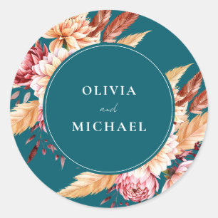 Elegant Teal Boho Chic Floral Wedding Classic Round Sticker