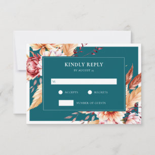 Elegant Teal Boho Chic Floral Wedding RSVP Card