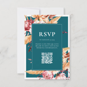 Elegant Teal Boho Chic Floral Wedding RSVP Card