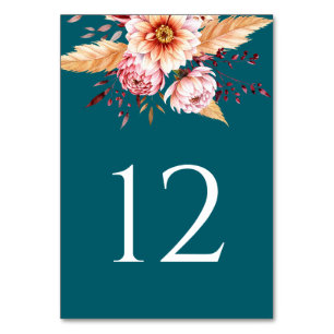Elegant Teal Boho Floral Wedding Table Number