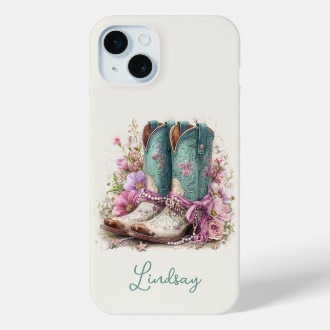 Elegant Teal Boots with Flowers Monogrammed Case-Mate iPhone Case (Back)
