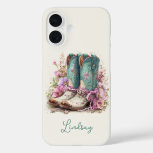 Elegant Teal Boots with Flowers Monogrammed iPhone 16 Case