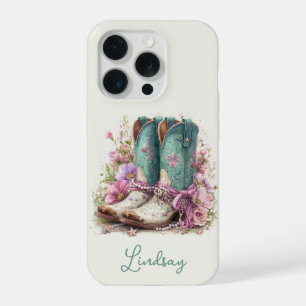 Elegant Teal Boots with Flowers Monogrammed iPhone 15 Pro Case