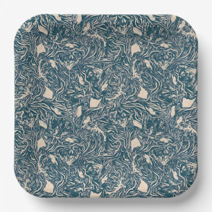 Elegant Teal Botanical Swirl Seamless Pattern Paper Plate