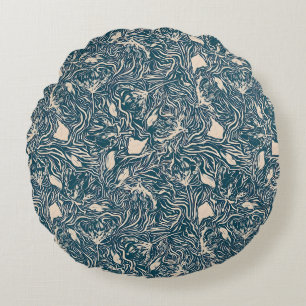 Elegant Teal Botanical Swirl Seamless Pattern Round Pillow