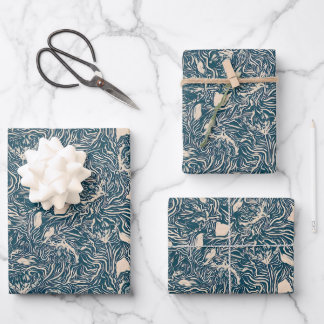 Elegant Teal Botanical Swirl Seamless Pattern Wrapping Paper Sheet