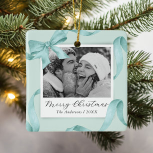 Elegant Teal Bow Photo Holiday Ceramic Ornament