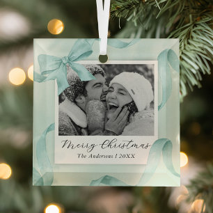 Elegant Teal Bow Photo Holiday Glass Ornament