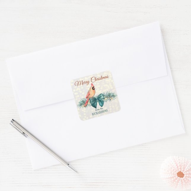 Elegant Teal Bow Pine Bough with Cardinal Holiday Square Sticker (Envelope)