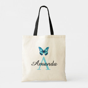Elegant Teal Butterfly Name Monogramed Tote Bag