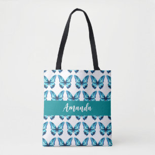 Elegant Teal Butterly Pattern Name Tote Bag