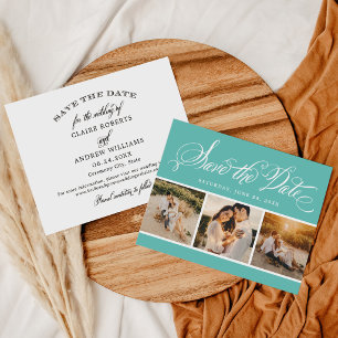 Elegant Teal Calligraphy Three Photo Wedding Save The Date