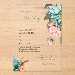 Elegant Teal & Coral Peonies Wedding Acrylic Invitations