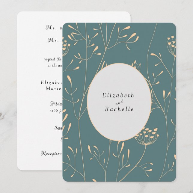 Elegant Teal Cream Flowers Grasses Invitation (Front/Back)