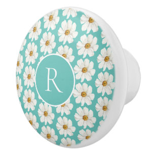 Elegant Teal Daisy Pattern Monogram Ceramic Knob