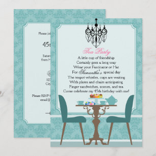 Elegant Teal Damask Birthday Tea Party Invitation