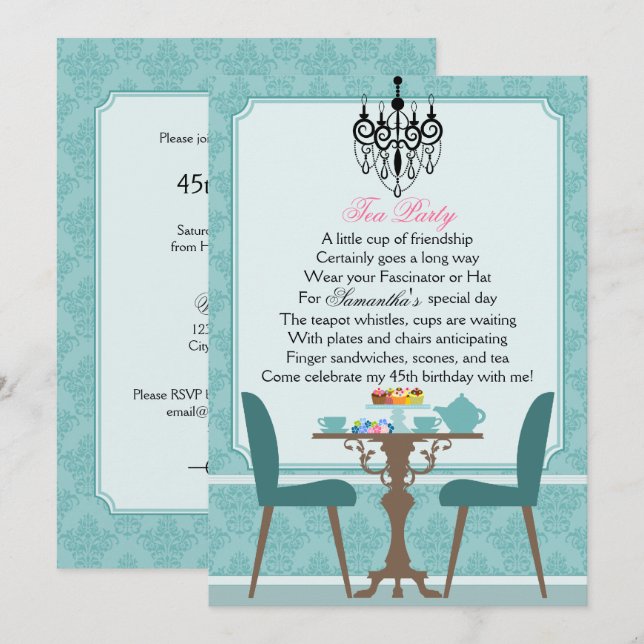 Elegant Teal Damask Birthday Tea Party Invitation (Front/Back)