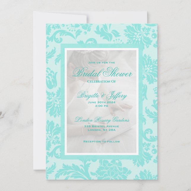Elegant teal damask custom bridal shower  invitation (Front)