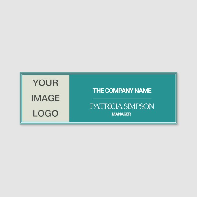 Elegant Teal Distinction: Personalized LOGO, TEXT Name Tag (Front)