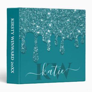 Elegant Teal Dripping Glitter Monogram Binder