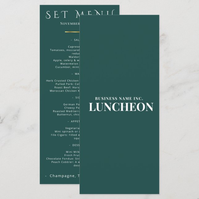 Elegant Teal Event Menu Card Corporate Wedding (Front/Back)