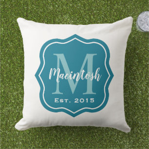 Elegant Teal Family Monogram Initial Outdoor Pillow