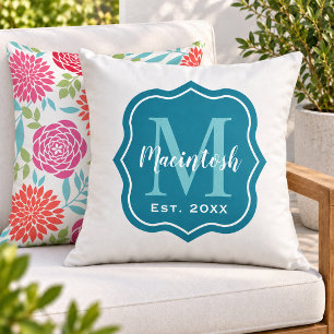 Elegant Teal Family Monogram Initial Outdoor Pillow