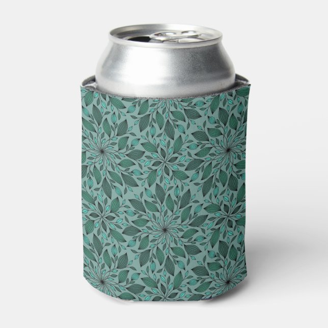 Elegant Teal Floral Pattern with Leaf Mandala  Can Cooler (Can Front)