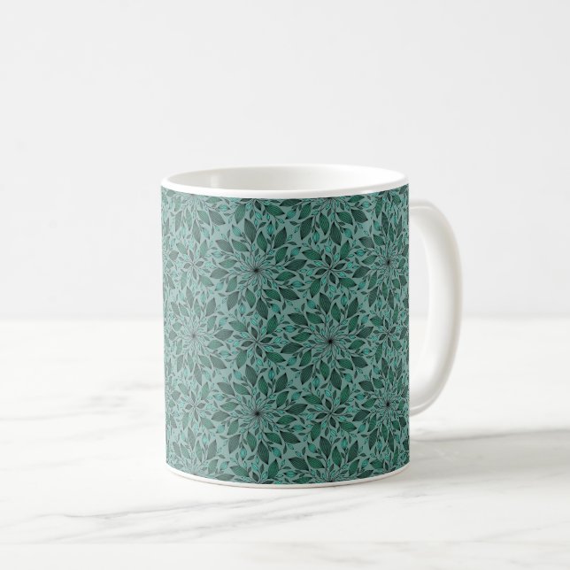 Elegant Teal Floral Pattern with Leaf Mandala  Coffee Mug (Front Right)