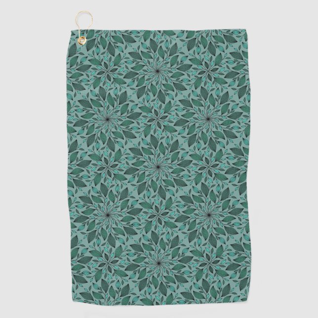 Elegant Teal Floral Pattern with Leaf Mandala  Golf Towel (Front)