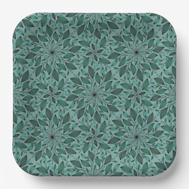 Elegant Teal Floral Pattern with Leaf Mandala  Paper Plate (Front)