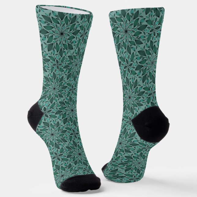 Elegant Teal Floral Pattern with Leaf Mandala  Socks (Angled)